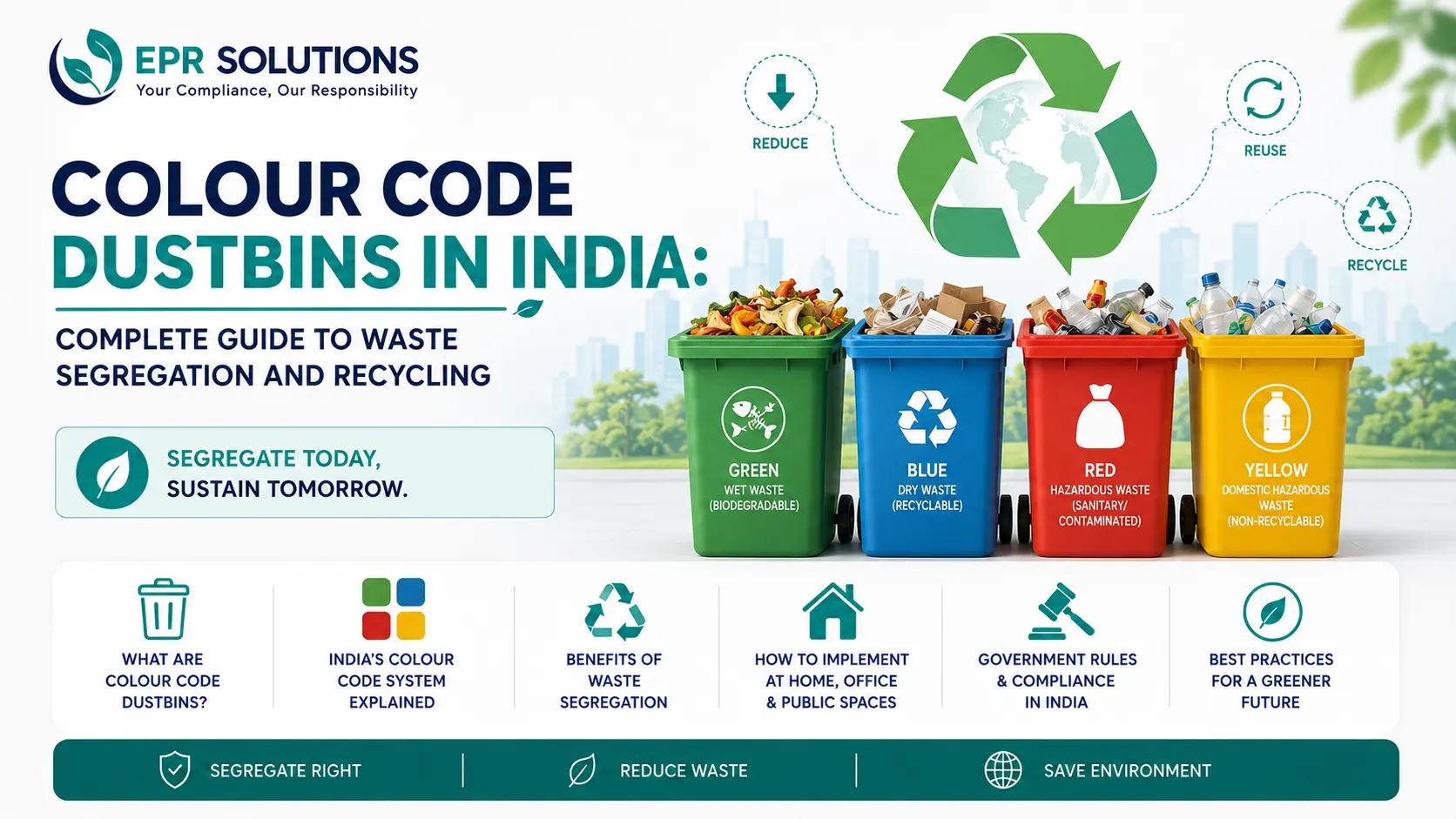 Colour-coded dustbins in India — green, blue, black and red bins used for household waste segregation
